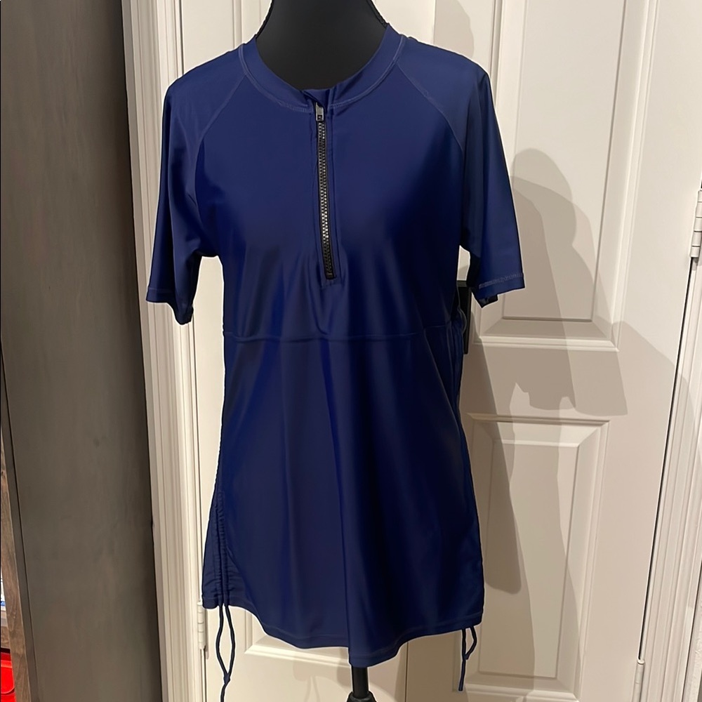 Blue Zippered Short Sleeve Swim Tee